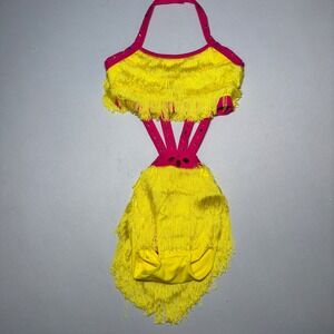 Weissman Elite Leotard Dance Costume‎ Girls MC Yellow Pink Halter Top Fringe